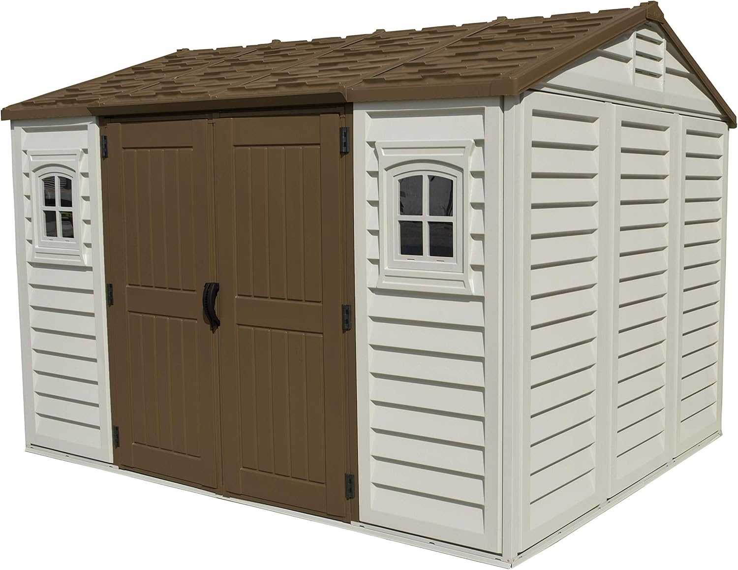 Duramax Apex 10.5 x 8 (7.64 m²) Kunststoff gerätehaus mit 2 festen Fenstern und Metallfundamentset, Allwetterlösung für den Außenbereich, zum Abstellen von Fahrrädern, Gerätehaus, Adobe & Brown
