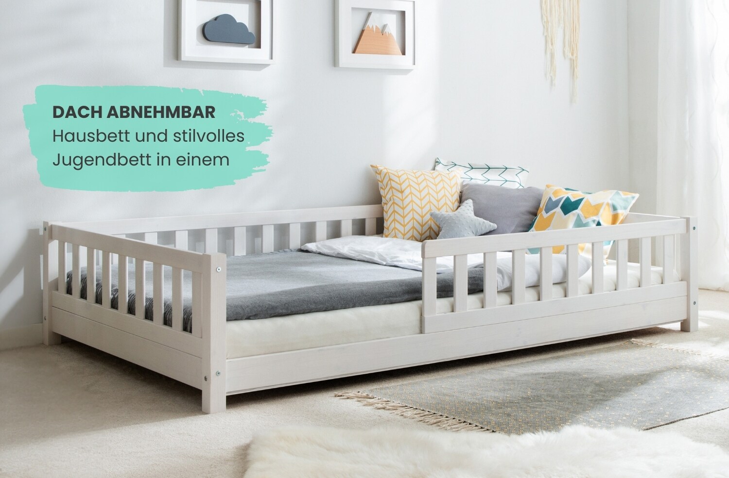 TiCAA 2 in 1 TiCAA Hausbett Bodenbett wandelbar mit abnehmbaren Dach Duo90x200 cm, 100x200 cm, 120x200 cm, 140x200 für Jungen & Mädchen, inkl. Rolllattenrost, Rausfallschutz variabel, MontessoriBett weiß aus Kiefer Massivholz