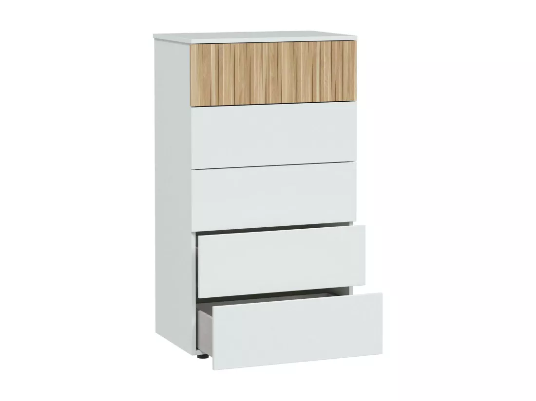 Commode Dorig, commode à 5 tiroirs, commode pour la chambre, commode moderne, 61x40h109 cm, blanc et chêne