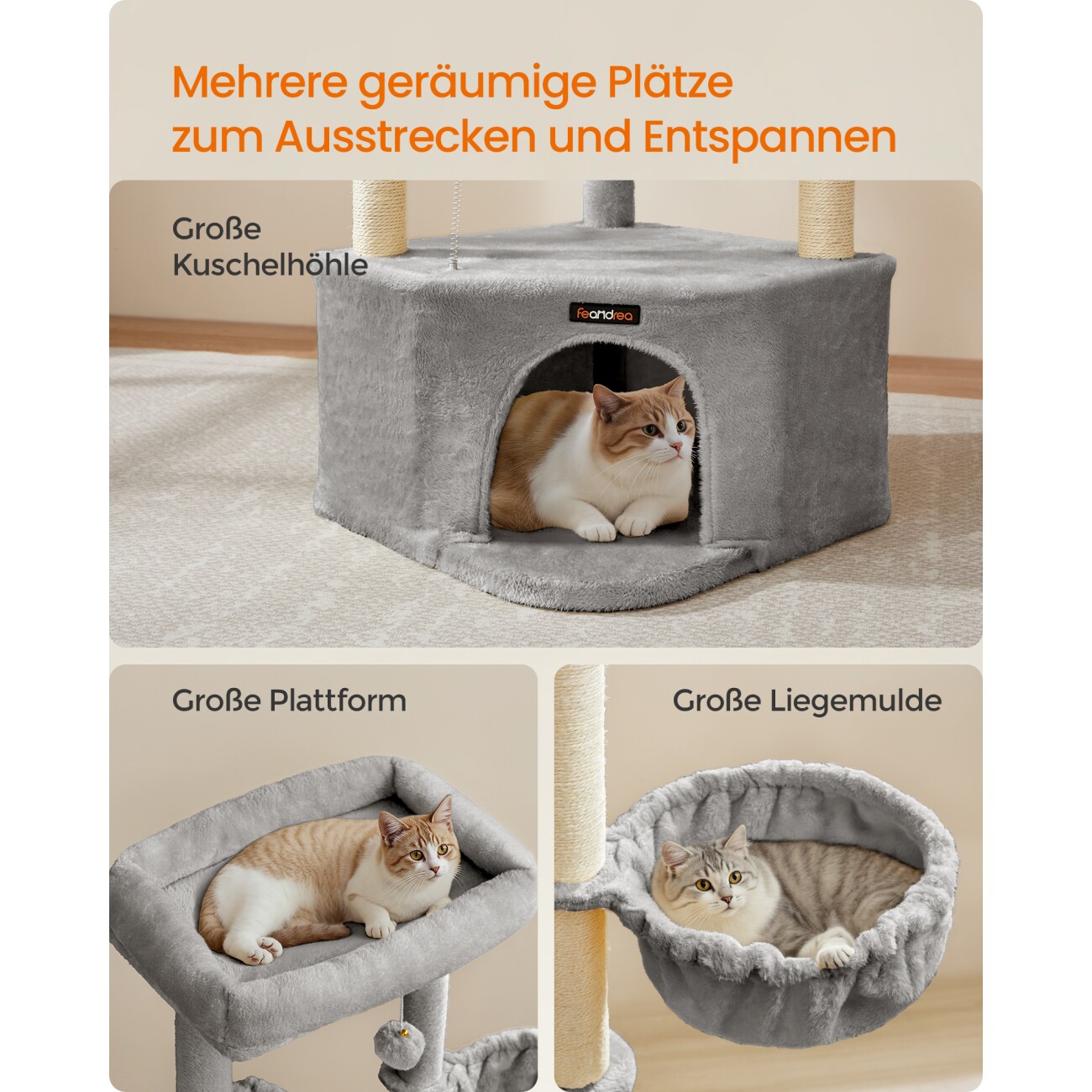 FEANDREA Kratzbaum für Raumecke mit großer Kuschelhöhle hellgrau