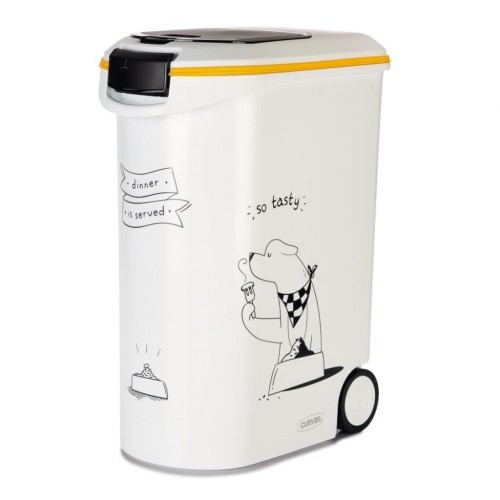 Recipiente para armazenamento de alimentos com rodas e design branco.