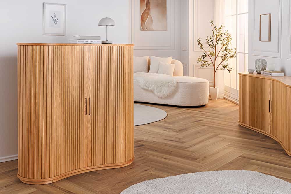Retro Highboard VALHALLA WOOD 110cm natur Eichenholz mit Schiebetüren