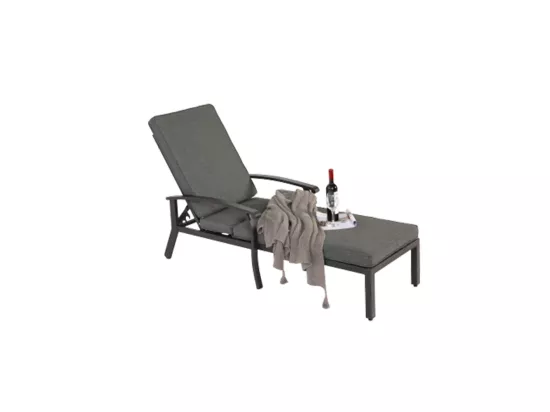 Chaise longue de jardin 1 pièce avec coussin gris imperméable en coton inclinable et réglable structure aluminium antirouille transat piscine extérieur