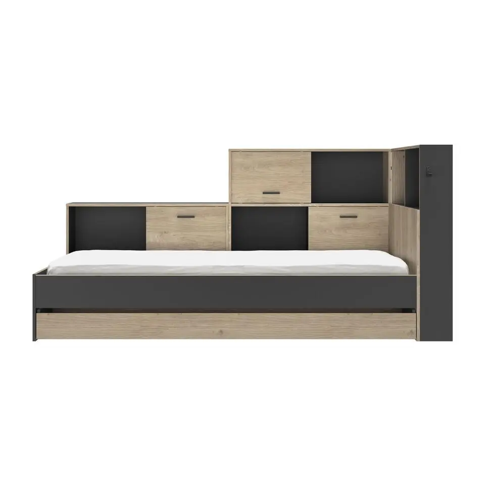 Diagone Bed Erwan - Opbergruimte - 90x200cm - Zwart/Kastanjekleur