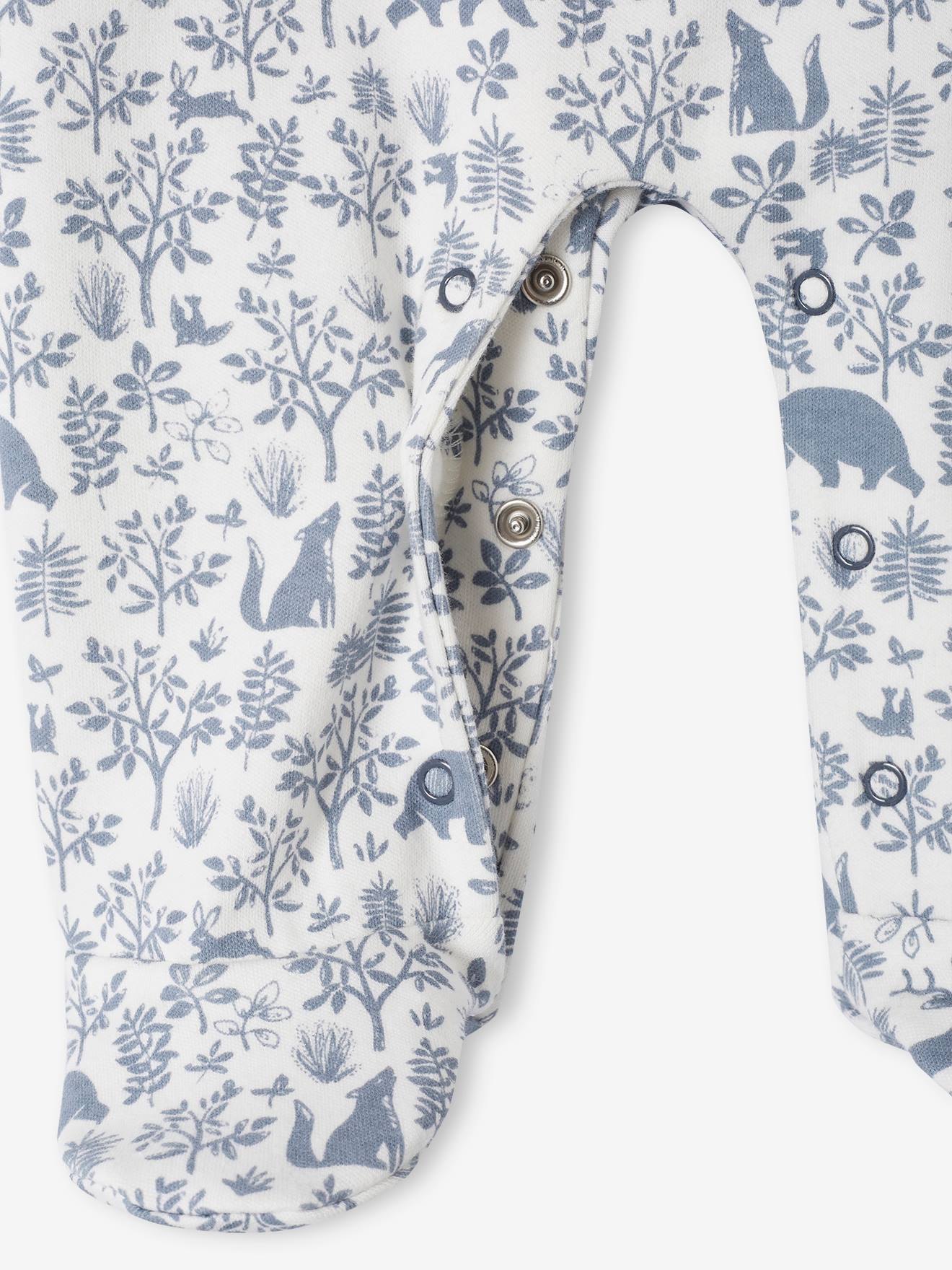 Conjunto de 3 peças para recém-nascido: macacão + body + manta de algodão orgânico na cor jeans azul.