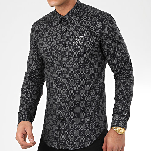 Chemise Manches Longues Premium Avec Damier et Broderie 279 Noir
