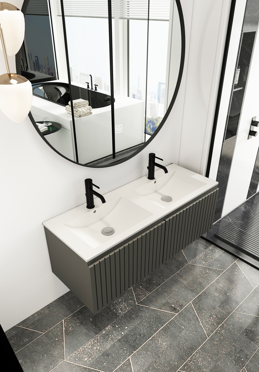Fontana Lento zwart badmeubel ribbelfront 120cm met witte wastafel 2 kraangaten en ronde spiegel