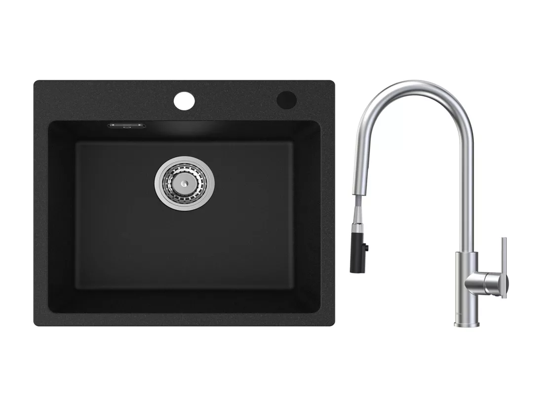 CECIPA MAX Evier Quartz Noir 50x45cm Evier 1 Bac en Quartz et Résine + Mitigeur de Cuisine Avec Douchette Extractible, 2 Modes de Sortie D'eau, Brossé