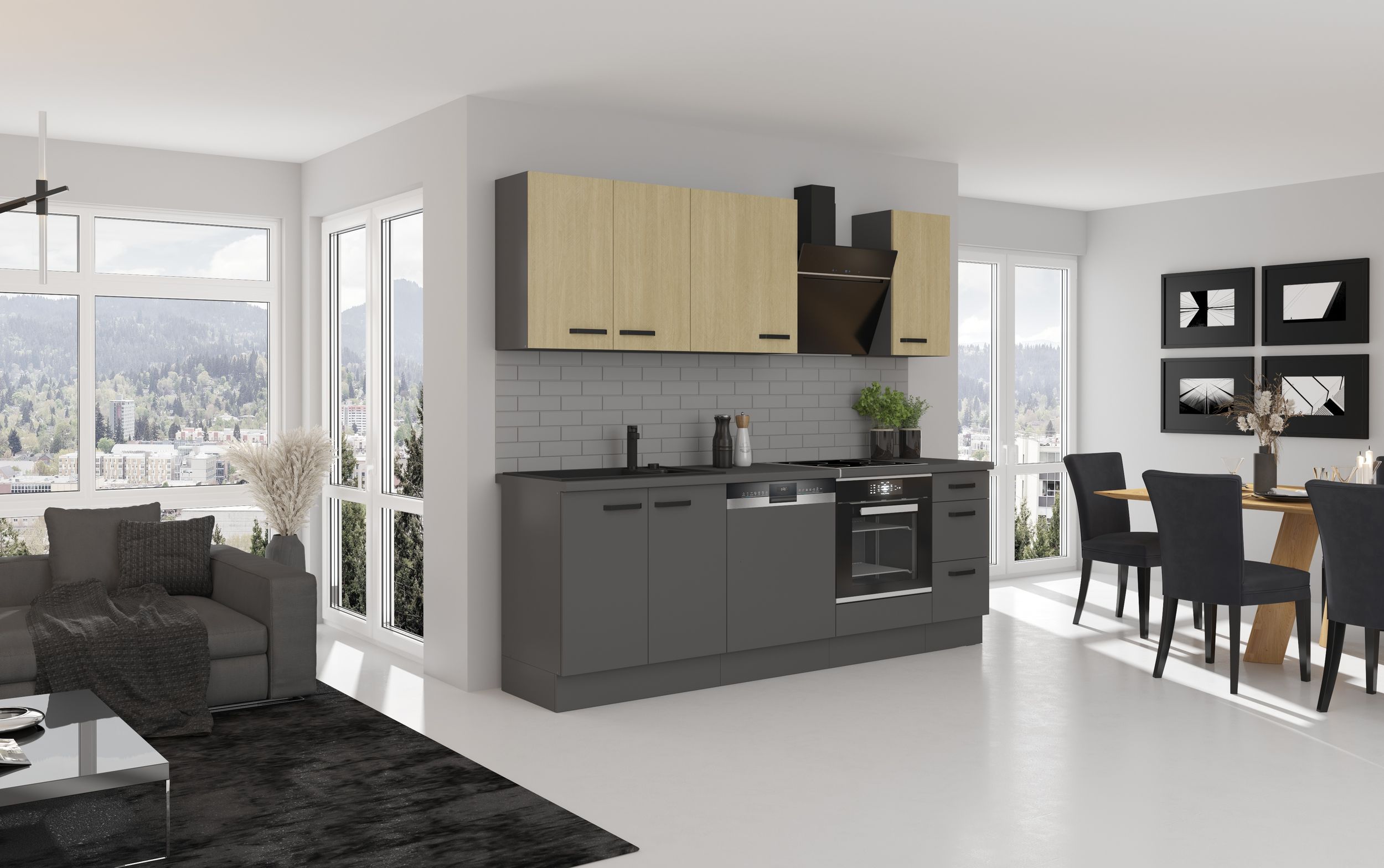 Küche NESSA + SCANDI Basic 240 cm Fischgrät Optik Grau Küchenzeile Küchenblock