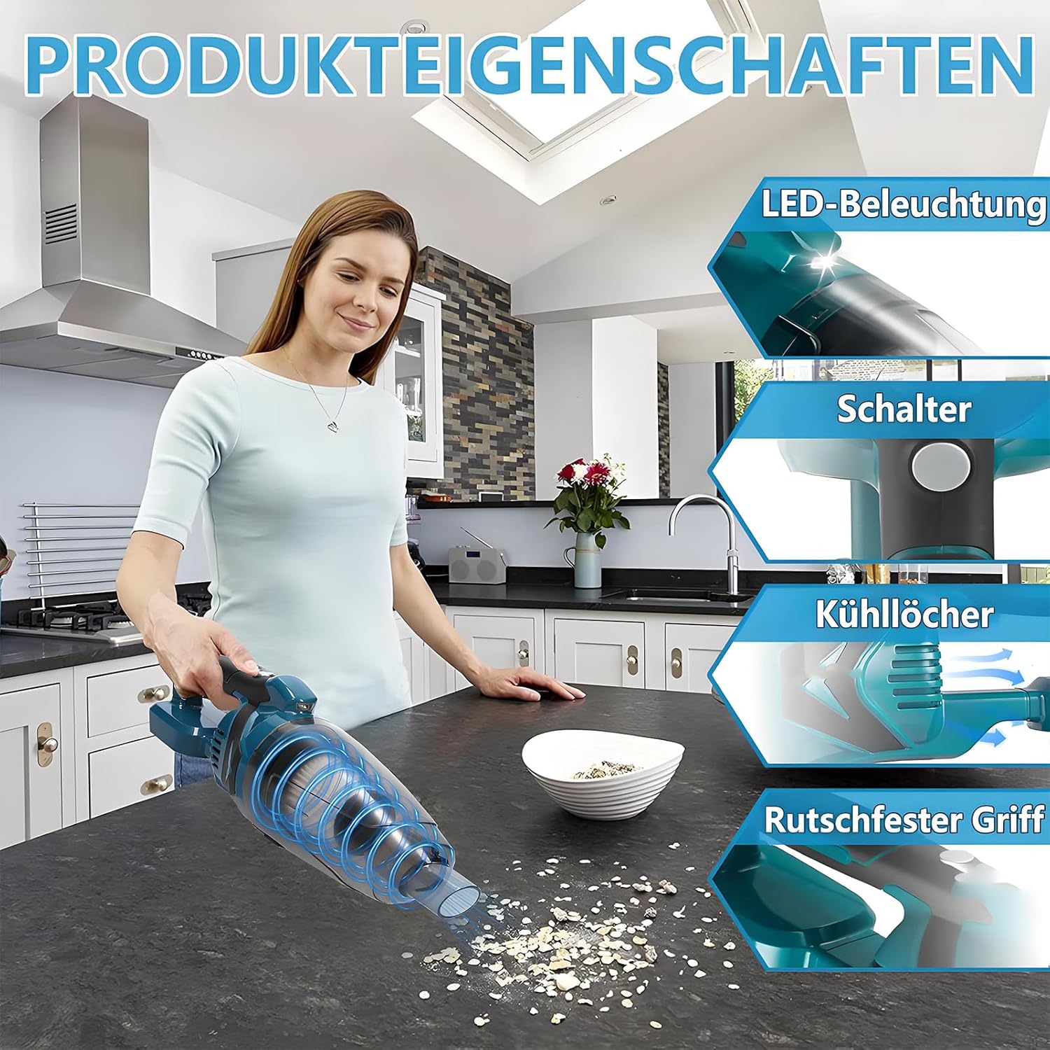 Akku Staubsauger für Makita Akku 18V, Starke 10000Pa Kabellos Handstaubsauger Akku mit LED Beleuchtung und Groß 750mL Staubbehälter für Auto, Haus (Blau mit 1 Batterie)