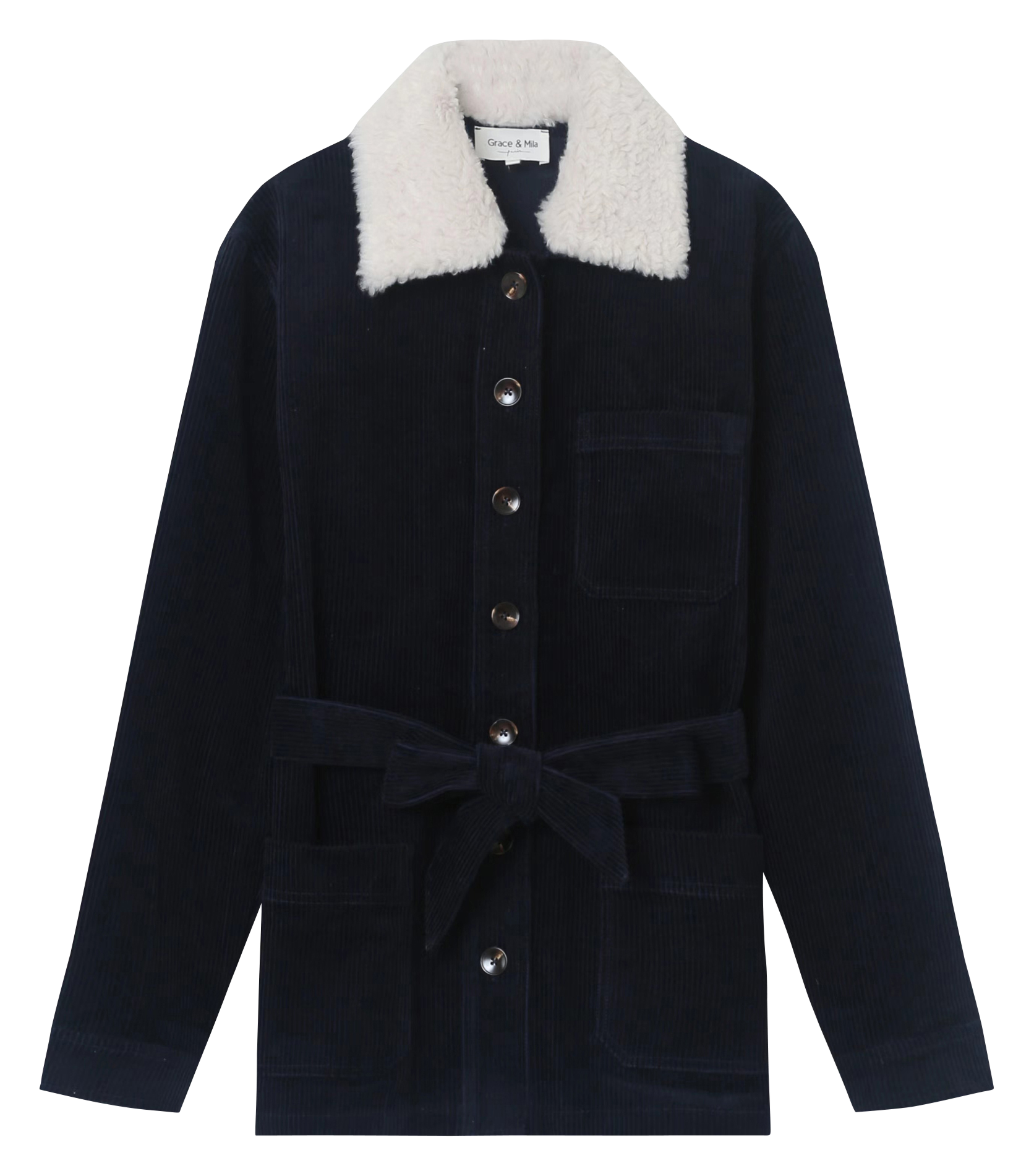 LARA - Veste col classique en coton de velours côtelé| Bleu