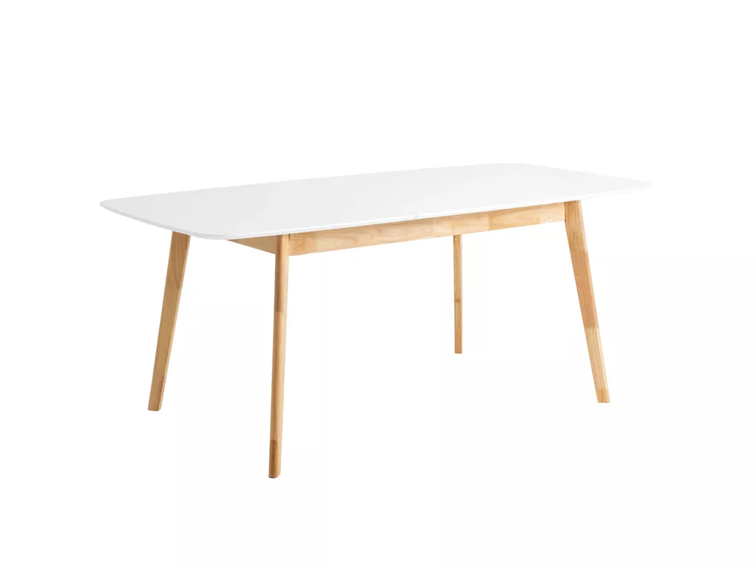 Table rectangulaire extensible scandinave blanc brillant et pieds bois clair Askin 140 à 180cm