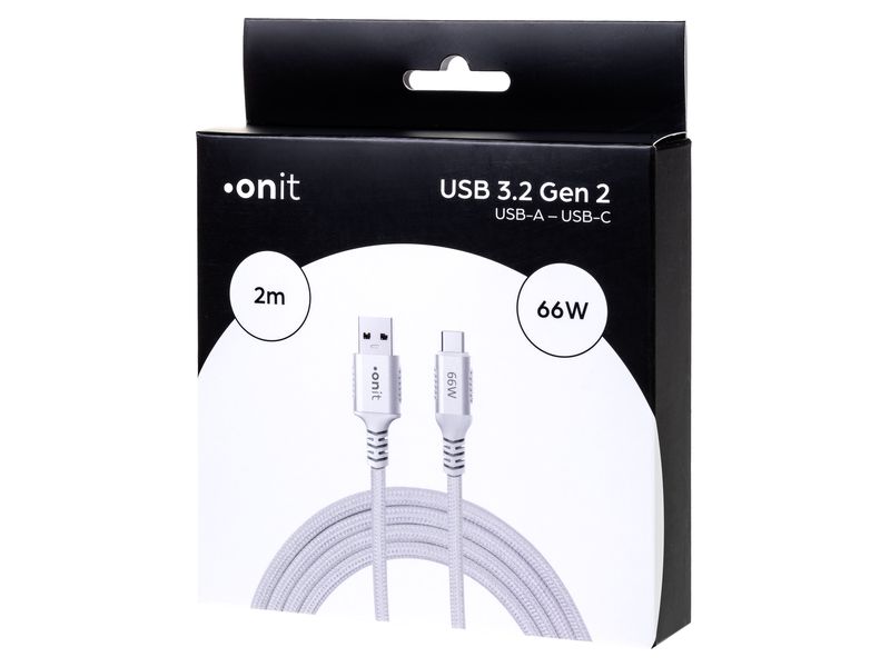 onit USB 3.1-Kabel USB A - USB C 2 m, Weiss Verbindungskabel mit geflochtener Nylonummantelung