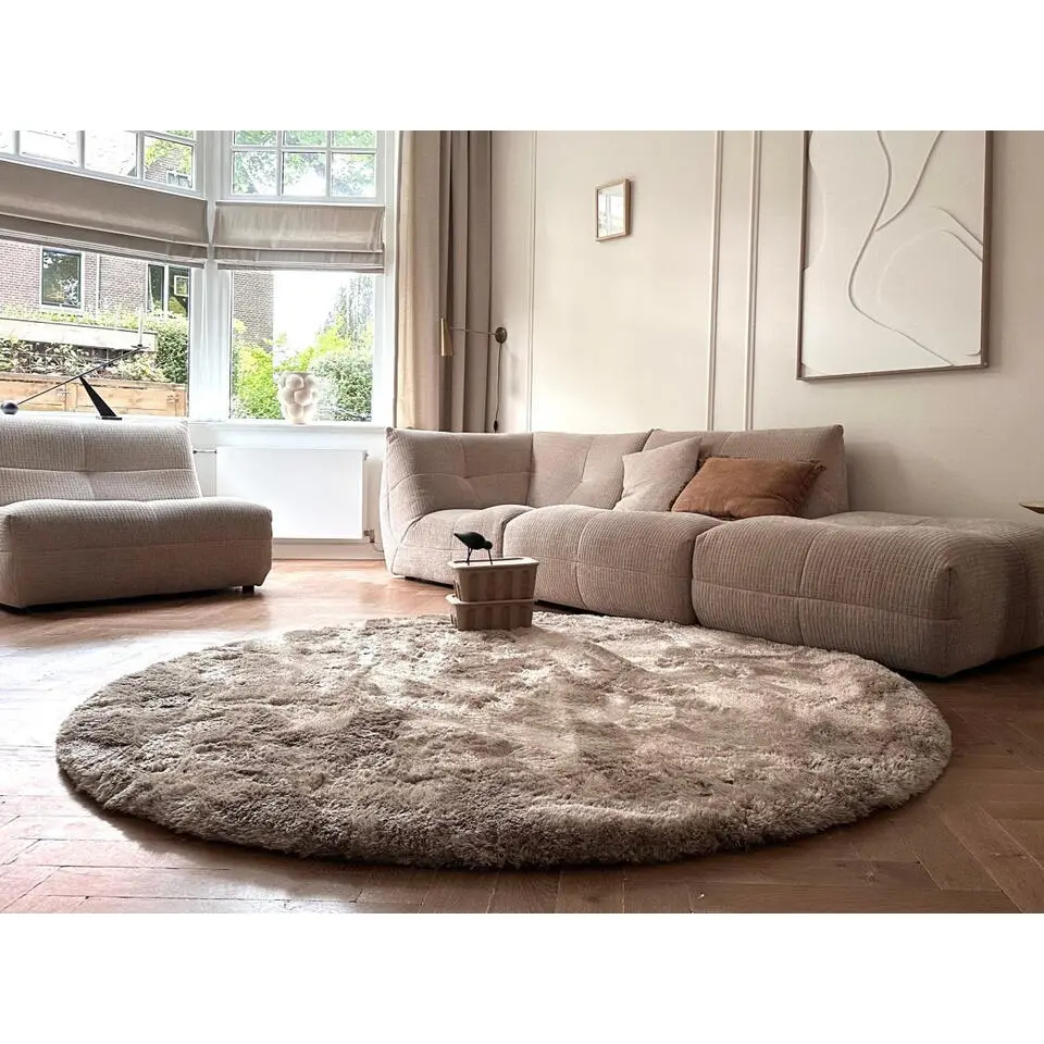 Interieur05 Rond Hoogpolig vloerkleed Odelia beige/wit - 200 x 200 cm