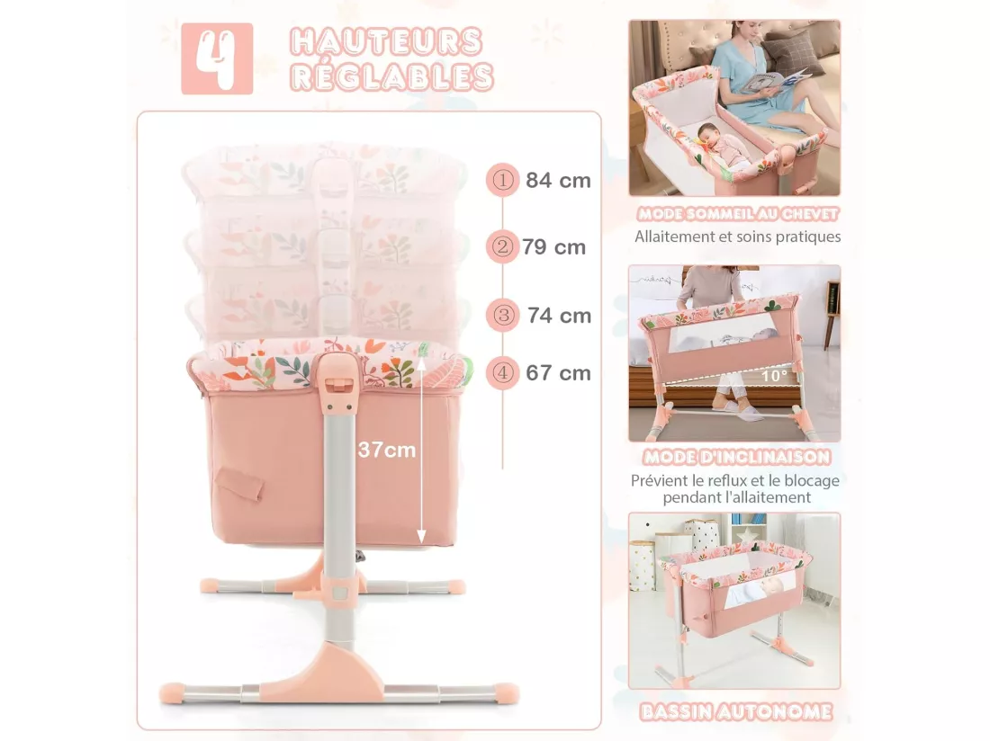 Lit Cododo Bébé 3 en 1 avec Hauteur Réglable 5 Niveaux, Lit Berceau Inclinaison de 10° avec Matelas Confortable,Maille Respirante,Charge 9KG,Sac de Voyage pour Bébé 0-5 Mois (Rose)
