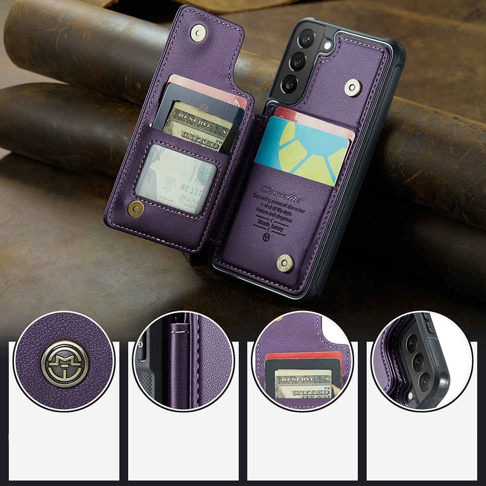 Samsung Galaxy S22 5G Leder Hülle mit Kartenfächern im Litchi Look   Kickstand (RFID Schutz) - Lila