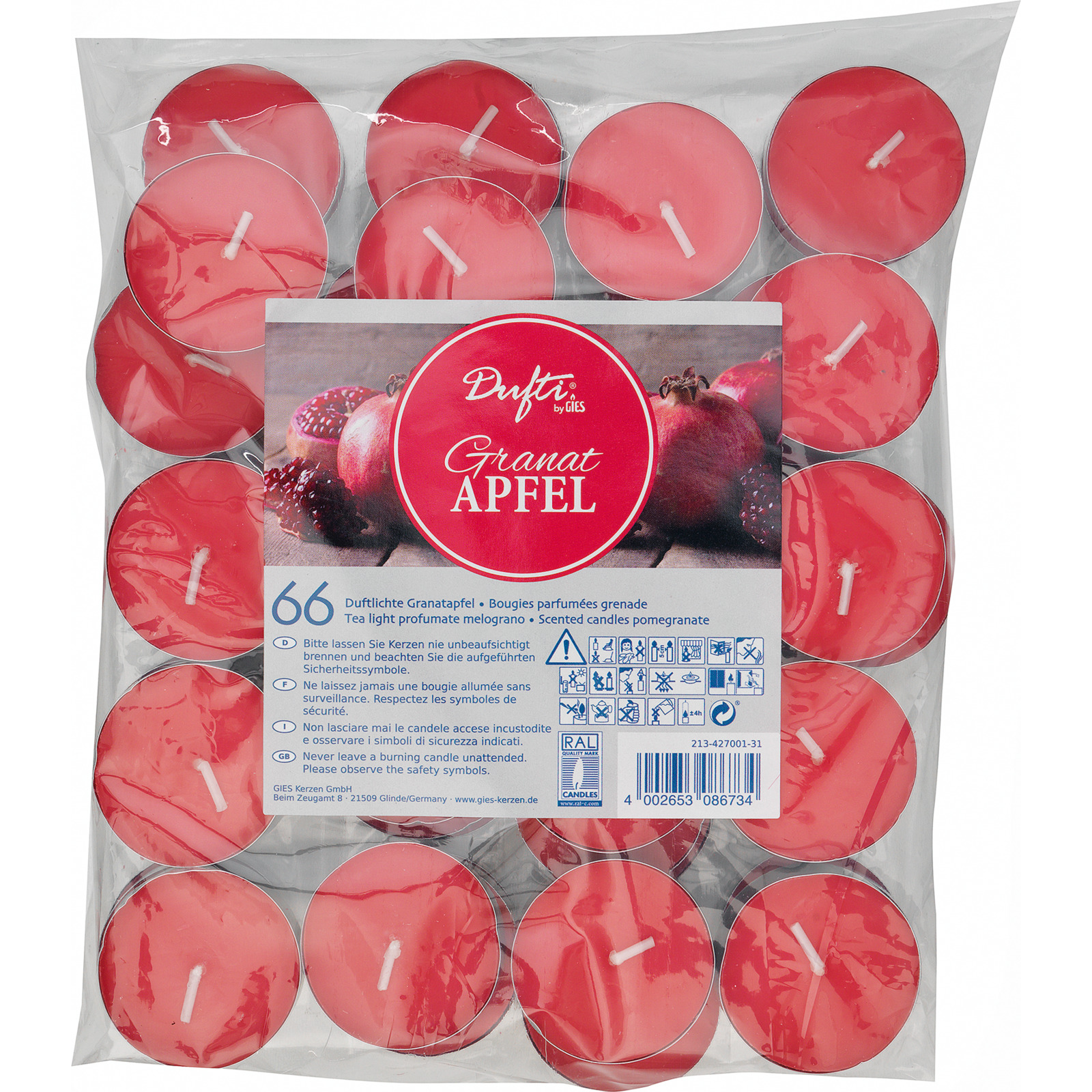 Dufti by Gies Duft-Teelichter Granatapfel rot 66 Stück