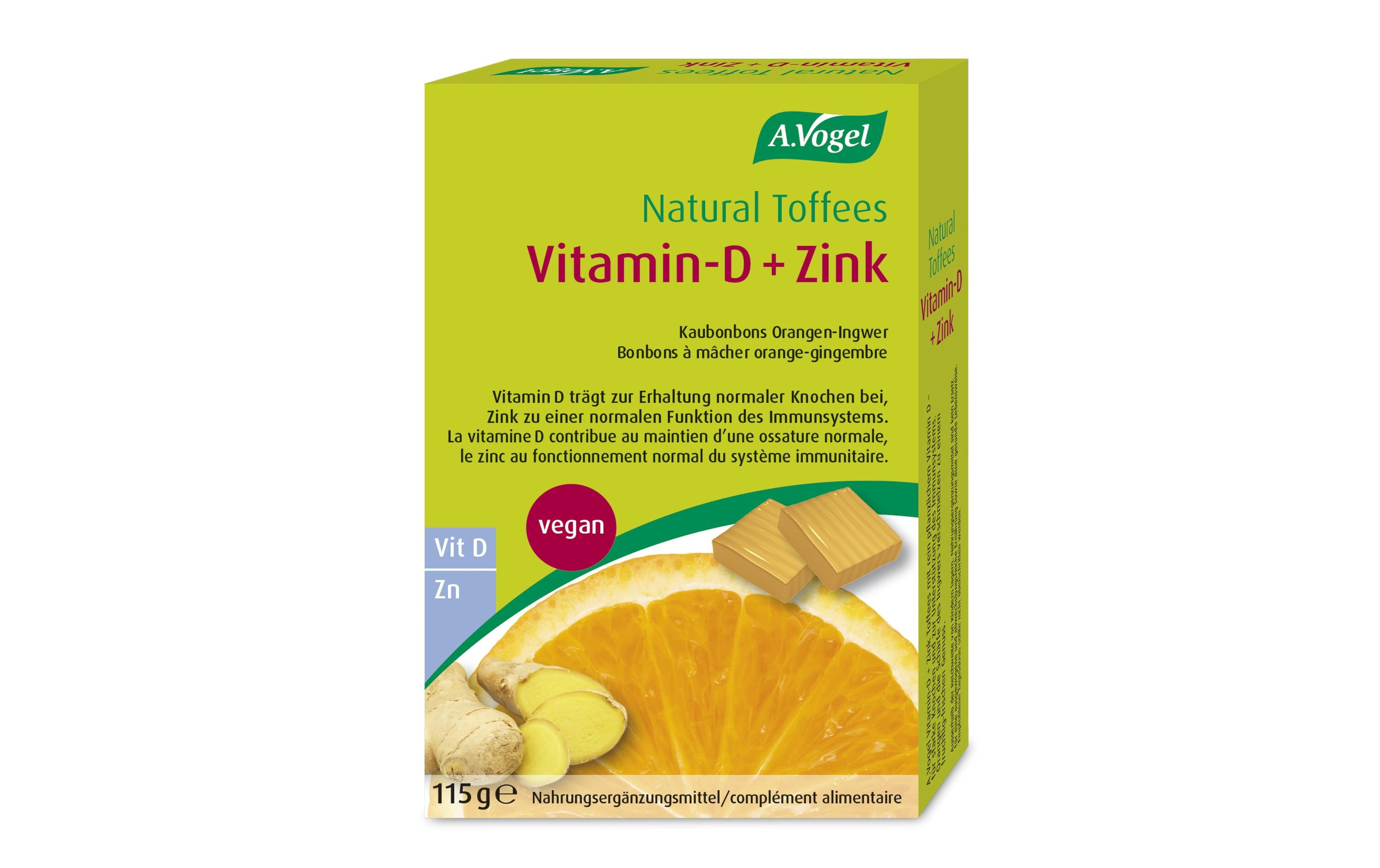 Natural Toffees Vitamin D + Zink 115 gVegane Kaubonbons Orange-Ingwer