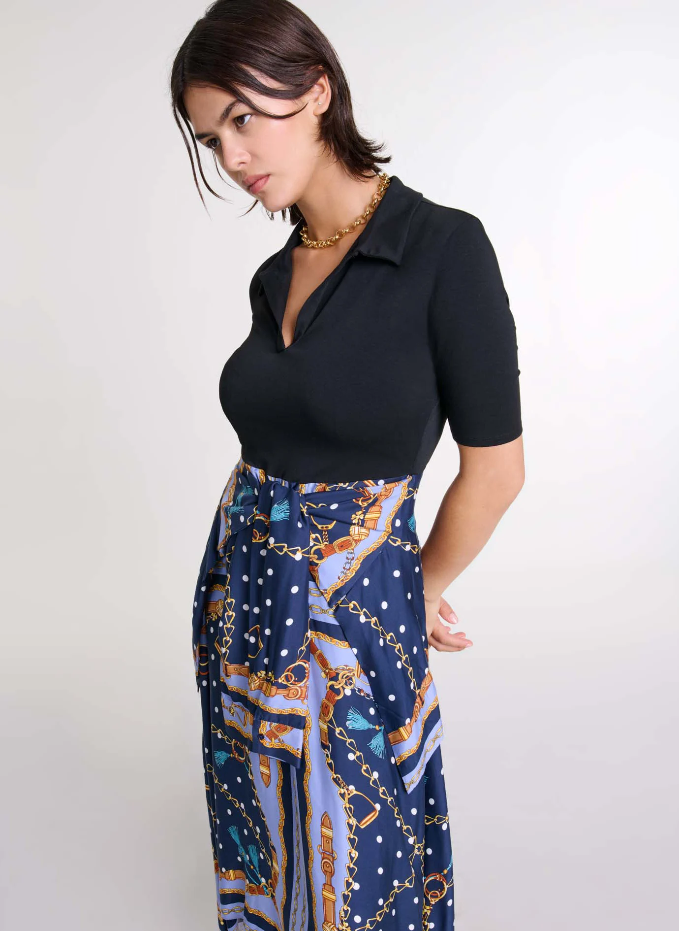 Robe longue asymétrique à col polo | Multicolore