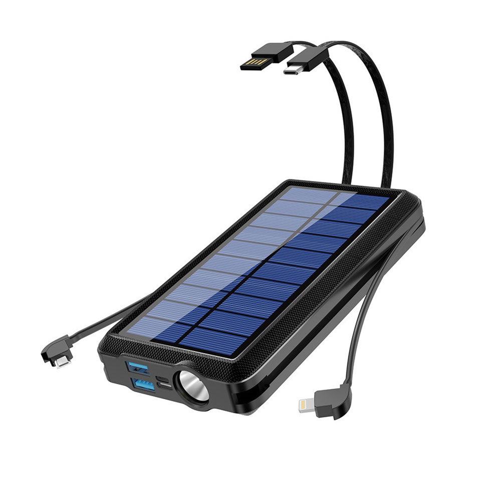 4in1 24000mAh Outdoor Qi Wireless Charger USB Solar Powerbank USB C / Micro USB / Lightning mit Taschenlampe (IP66) - Schwarz