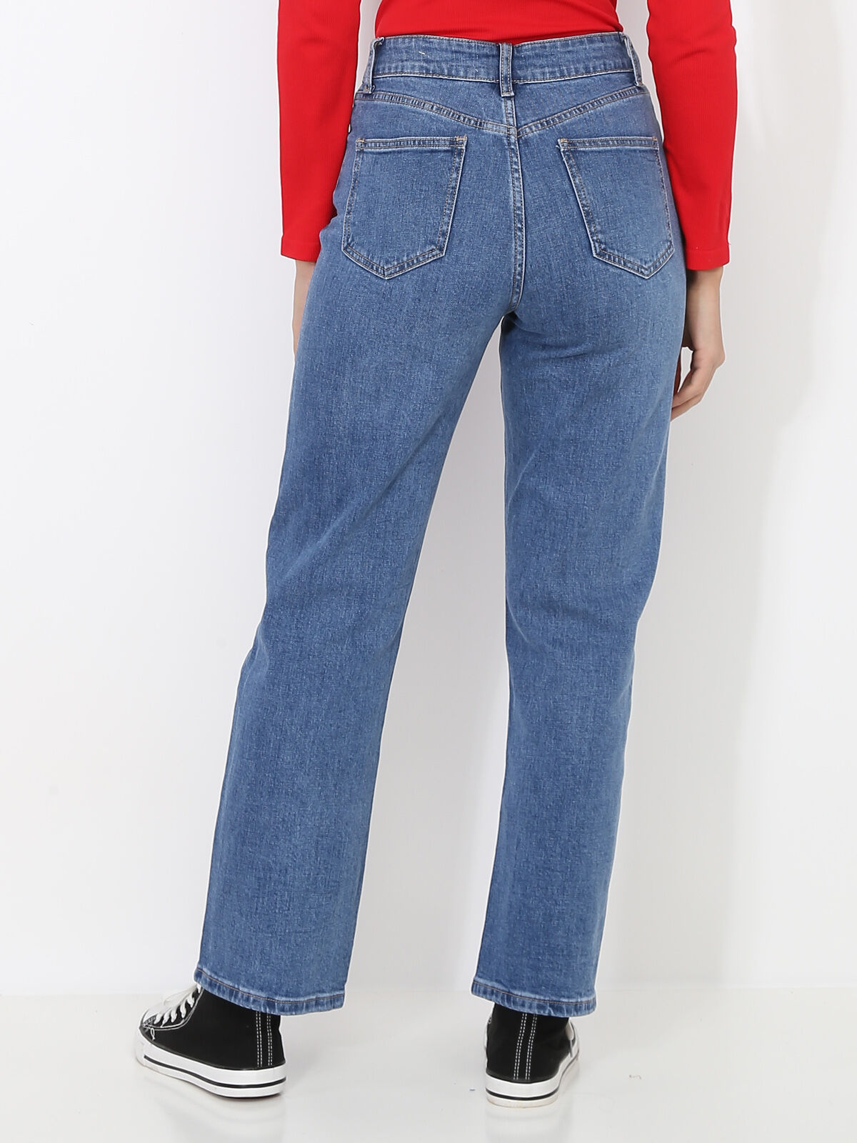 Jeans mom droit en coton- Bleu