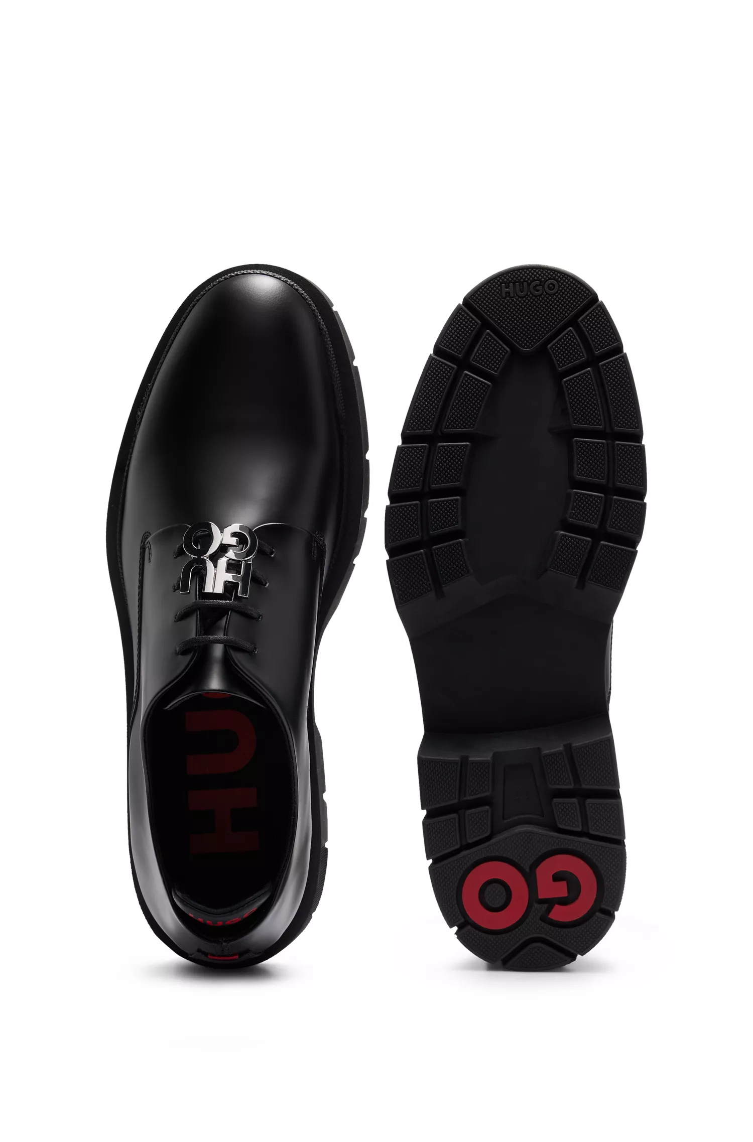 Sapatos Derby HUGO em couro vermelho com detalhe de cadarço com o logotipo.