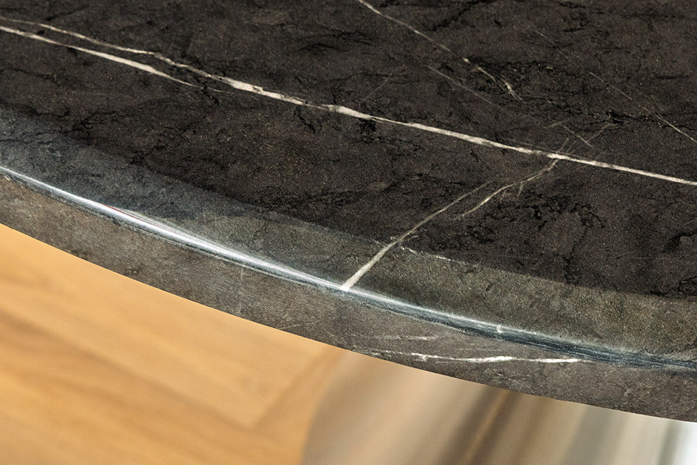 Runder Esstisch ELEGANCIA 130cm schwarz Marmor chrom Stahl mit Säulenfuß