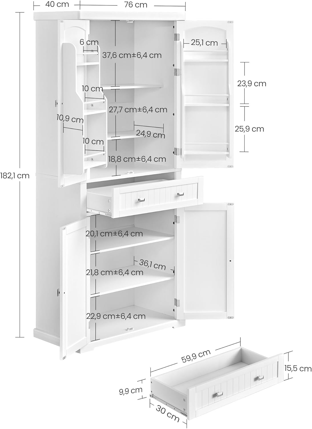 VASAGLE Küchenschrank, Hochschrank Küchenbuffet Vitrinenschrank, Buffetschrank mit Verstellbaren Ablagen, Esszimmerschrank mit Schubladen, für Wohnzimmer Küche, 40 x 76 x 182,1 cm, Weiß BBC561W21