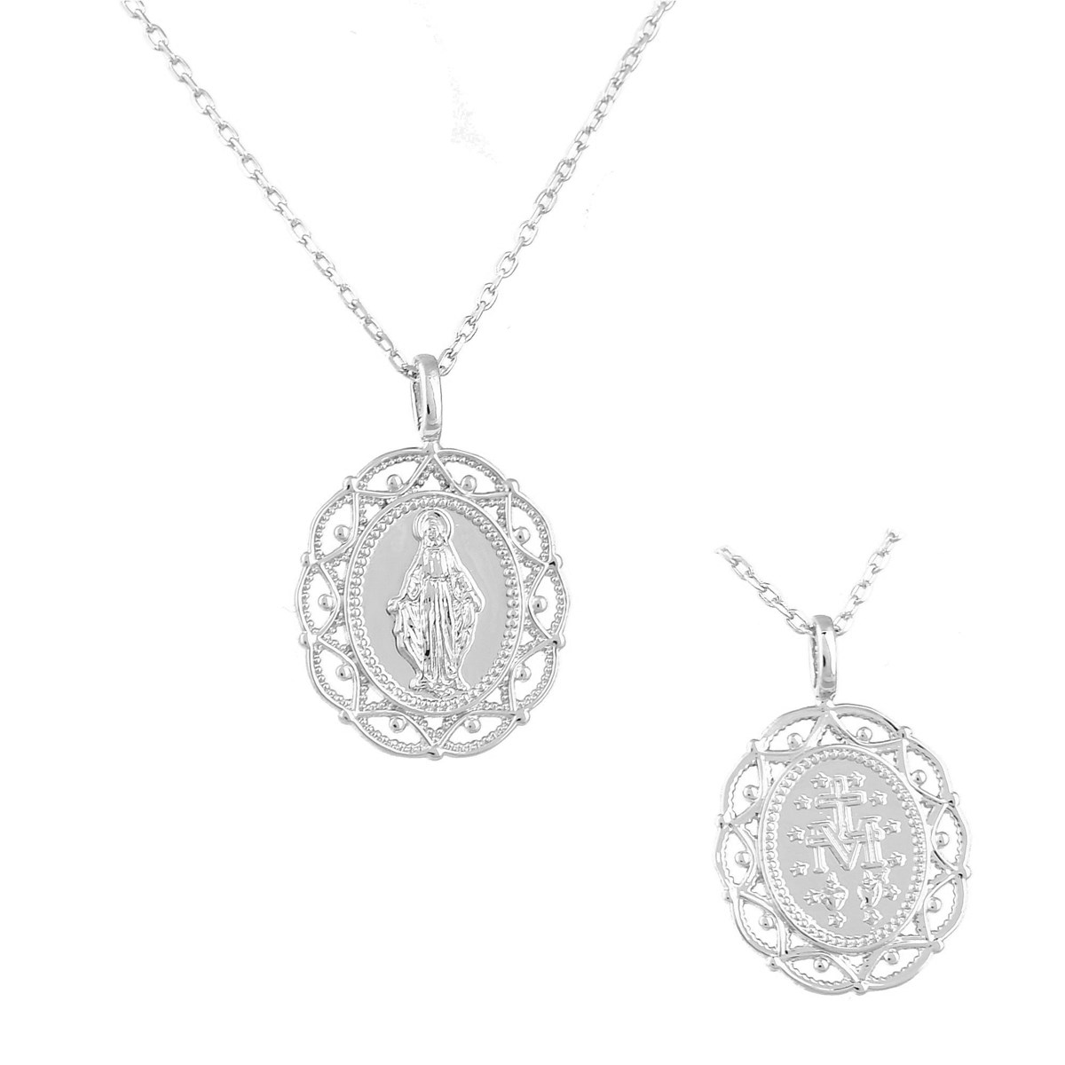 Collier médaille Vierge Miraculeuse contour ajouré motif arabesque Argent 925 Rhodié
