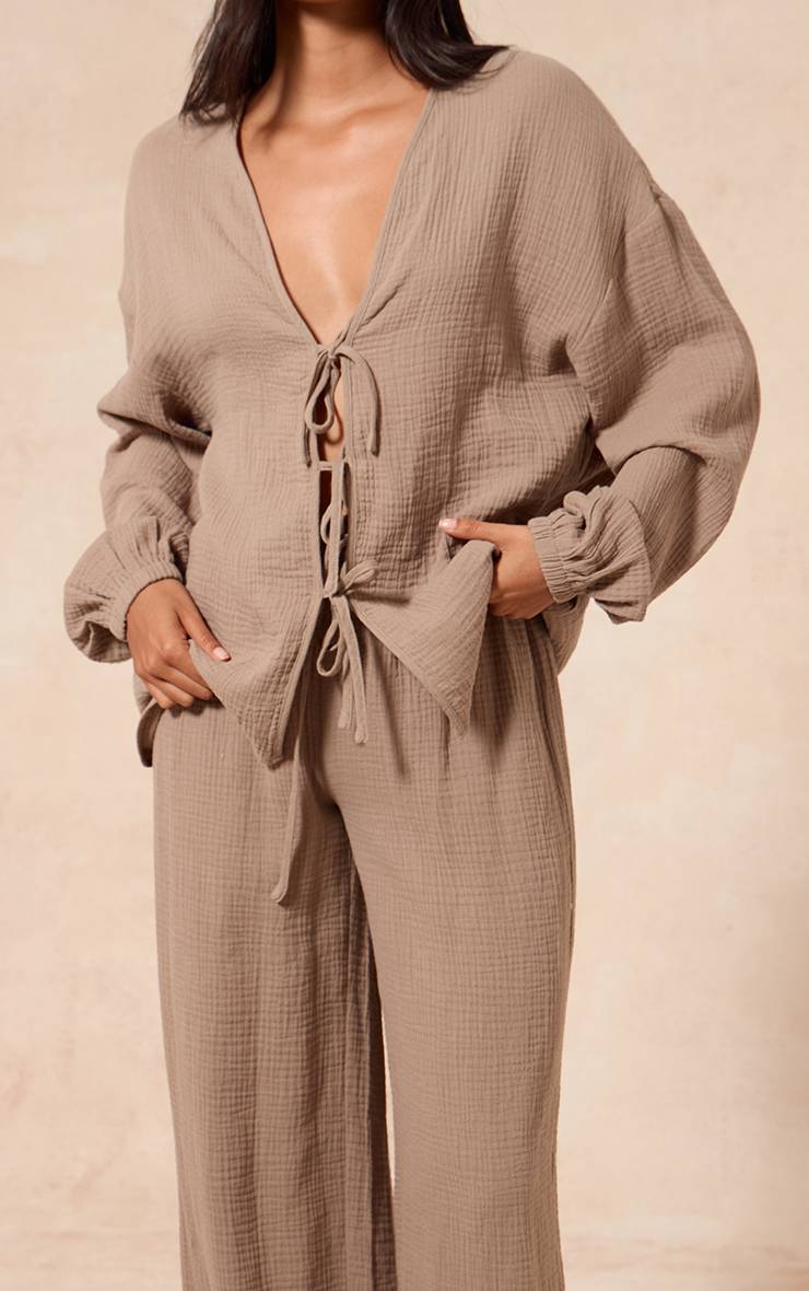 Gris Argile Pantalon Large En Gaze Texturée