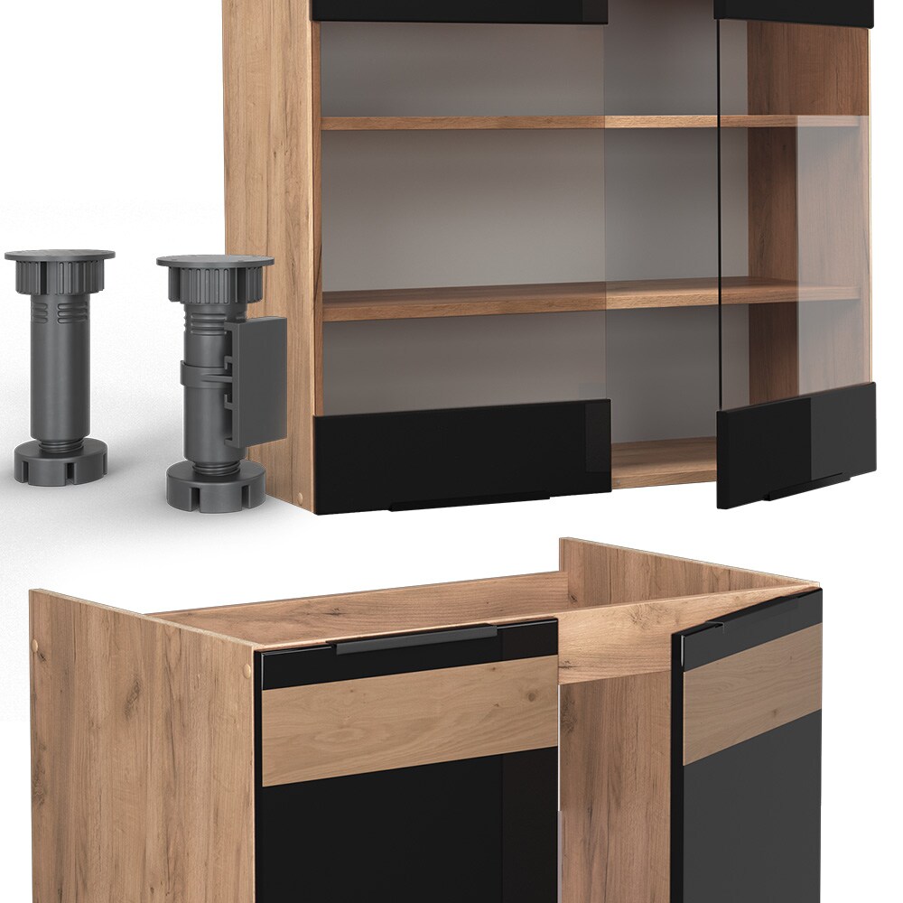 Vicco Küchenzeile Küchenblock Einbauküche Fame-Line Eiche Schwarz 240 cm modern Hochglanz Küchenschränke Küchenmöbel
