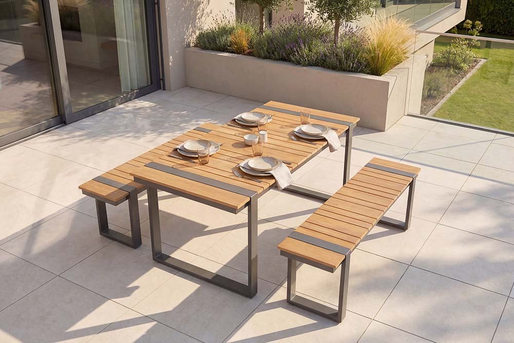 Moderne Outdoor Sitzbank TAMPA LOUNGE 125cm grau natur Aluminium Metall Holz-Design wetterfest