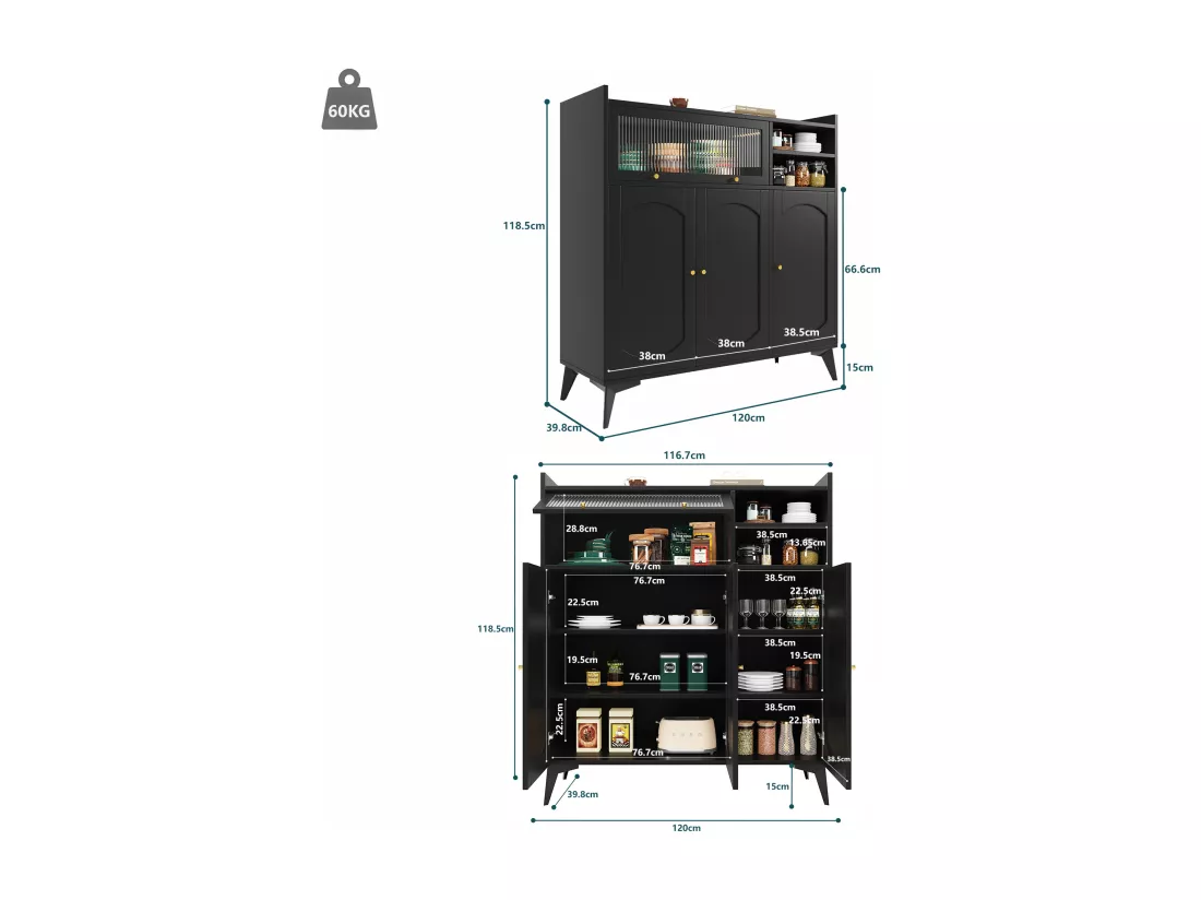 Buffet moderne - en MDF - avec 3 portes et 3 compartiments - Noir