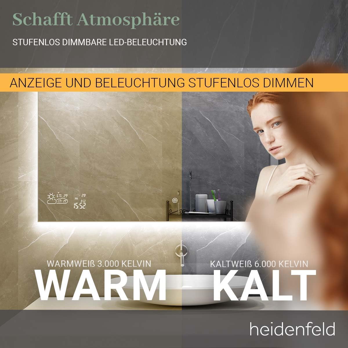 Heidenfeld Spiegel Infrarotheizung | HF-HS200 mit Touchpanel -    - 200 Watt - 60 x 60 cm - WiFi Badspiegel - Badezimmerspiegel - Infrarot Heizung Spiegel - Wandheizung