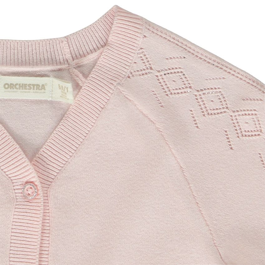 Gilet manches raglan en tricot pointelle pour fille - Rose