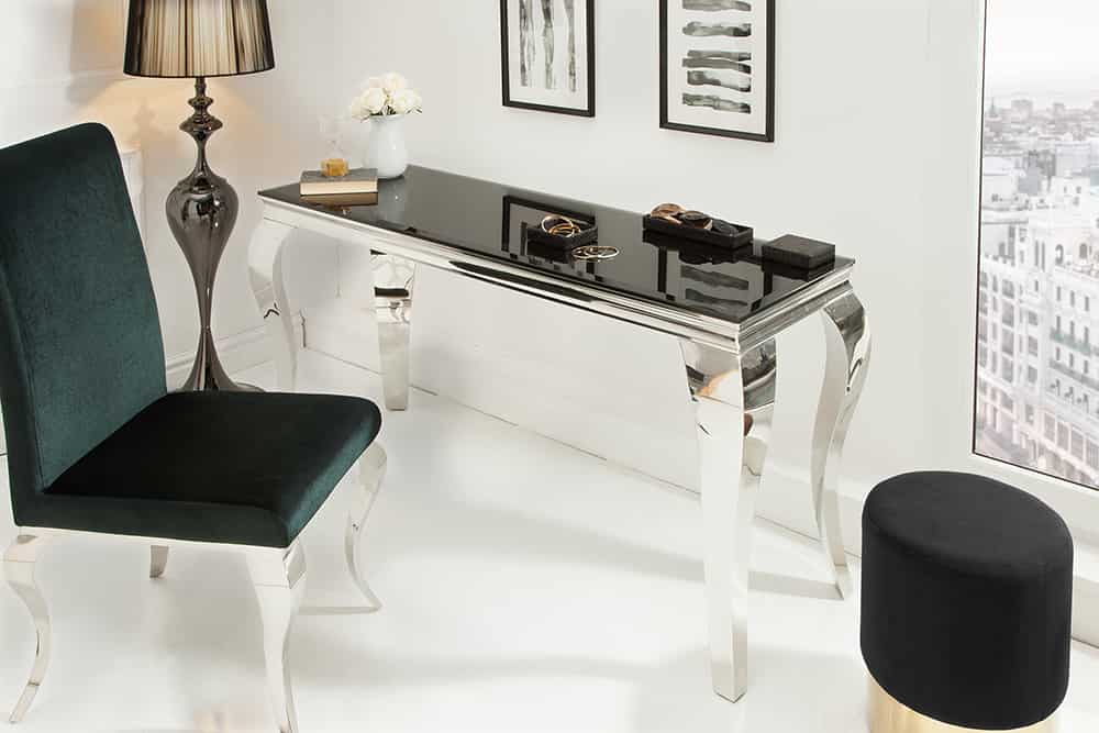 Eleganter Konsolentisch MODERN BAROCK 145cm schwarz Opalglas Edelstahlbeine