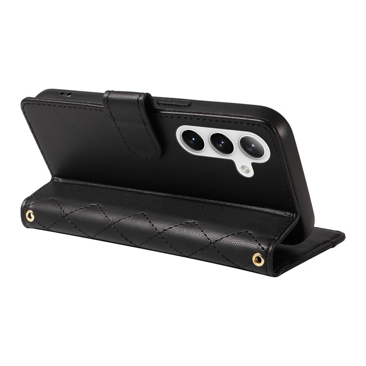 Samsung Galaxy S25  Plus / S24  Plus Leder Tasche Flip Cover Steppmuster inkl. Schultergurt - Schwarz