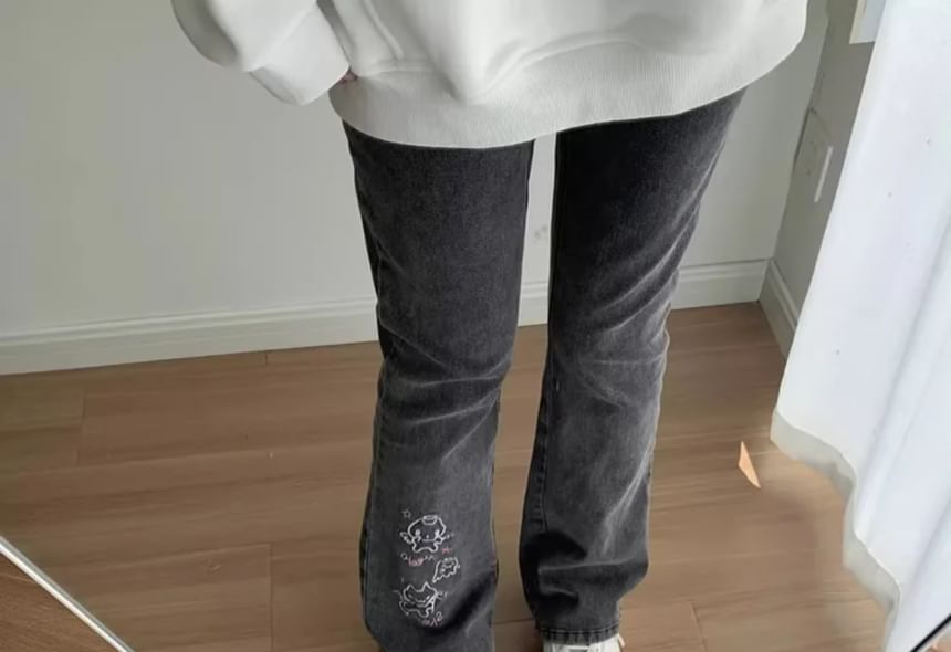 Litoya - Hoge taille gewassen cartoon geborduurde bootcut jeans