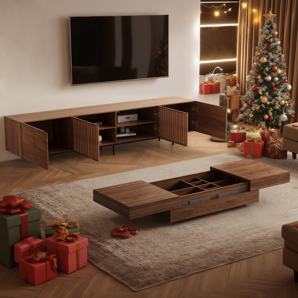 Mid-Century Modern TV-Schrank für 80+ Zoll Fernseher - TV Lowboard mit Stauraum - Home Entertainment Center in Walnuss für Wohnzimmer, Schlafzimmer (240cm)
