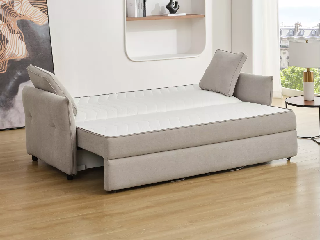 Canapé 3 places convertible en tissu gris clair avec assise à mémoire de forme SITALA