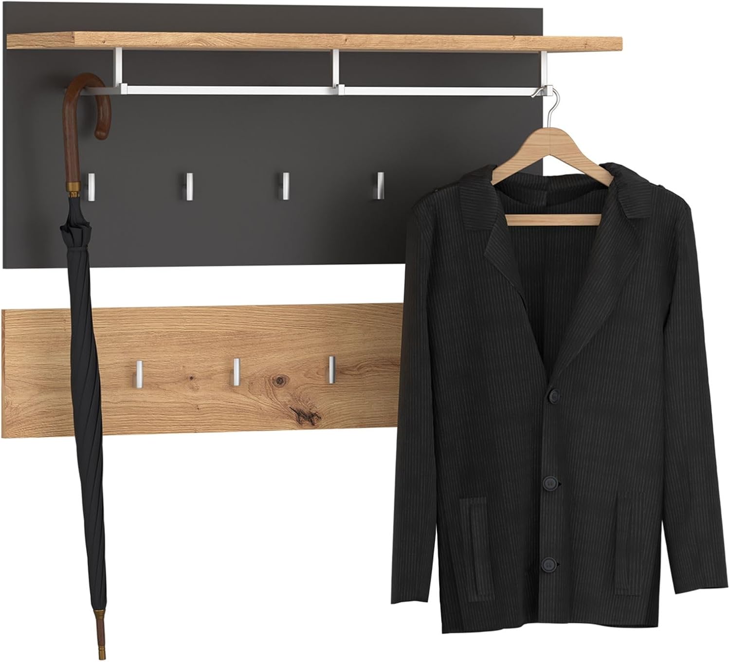 IDIMEX Wandgarderobe BILBAO 2-teilig, Artisan Eiche/Kosmos Grau, bietet neun Kleiderhaken, eine Kleiderstange und eine Hutablage. Weitere Features: Garderobenpaneel, Flurgarderobe, Garderobenset
