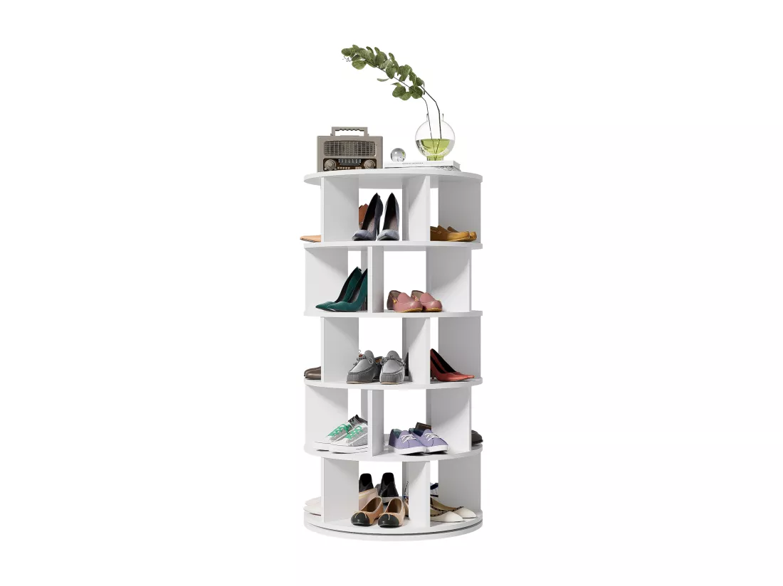 Meuble à chaussures d'angle rotatif avec 5 étagères - D 60 x H 115 cm - Panneau de particules - Blanc