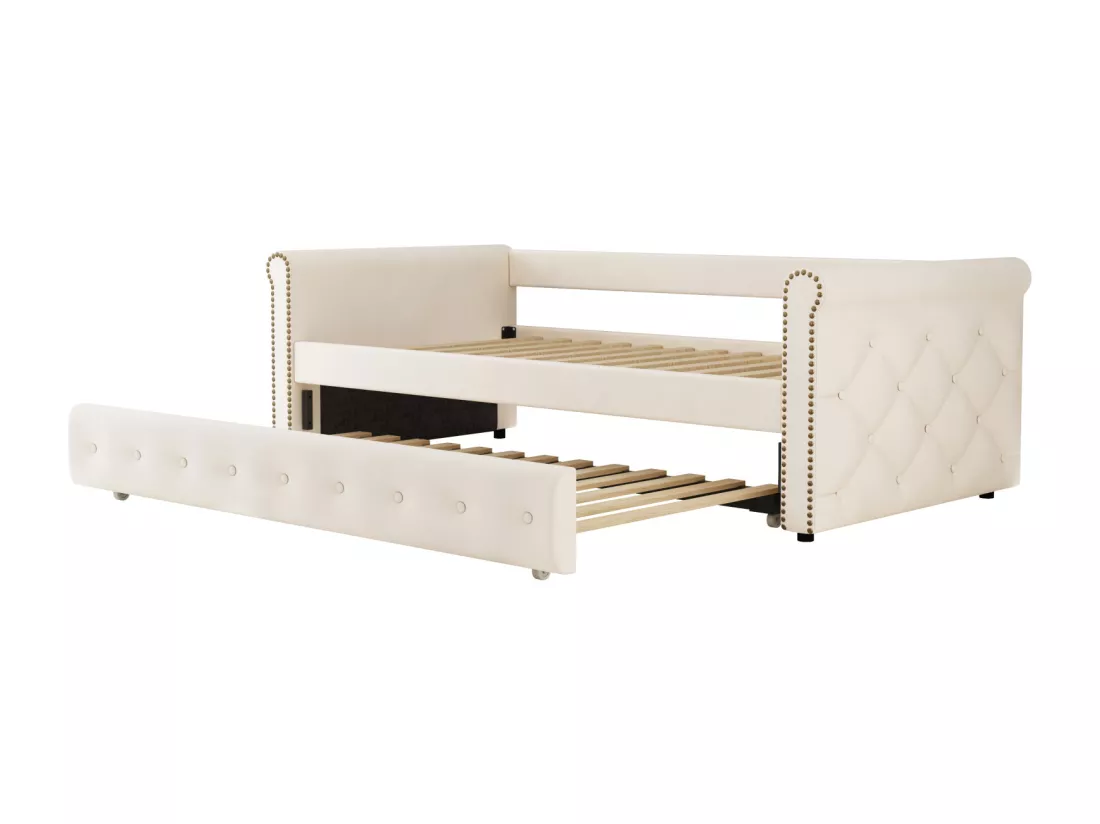 Lit gigogne 2x90x200cm - Canapé-lit extensible avec sommiers à lattes, sans matelas - lit en tissu velours - Beige