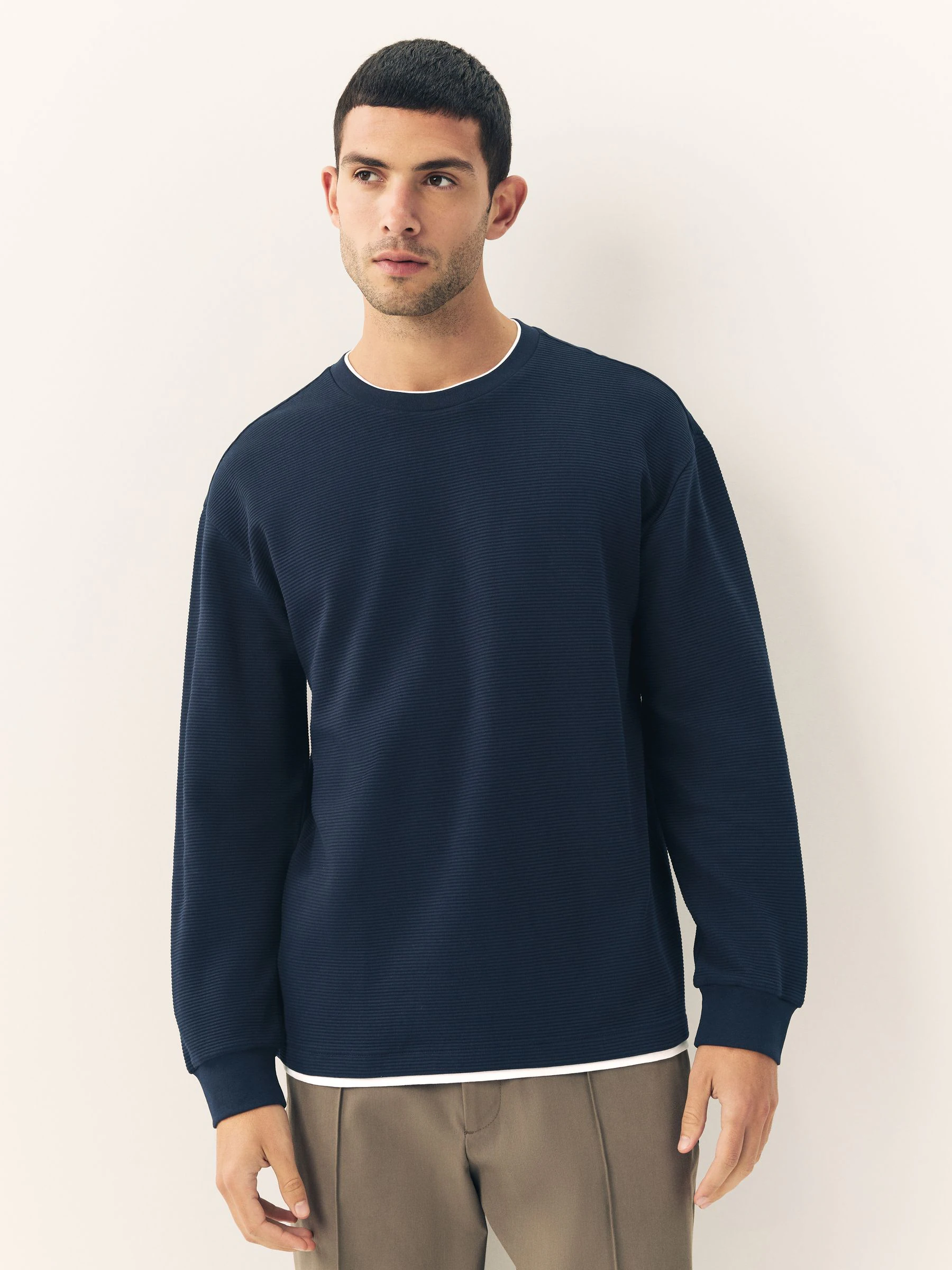 Marineblauw/kakigroen - Long Sleeve Mock Crew Neck 100% Cotton T-Shirts 2 Pack
