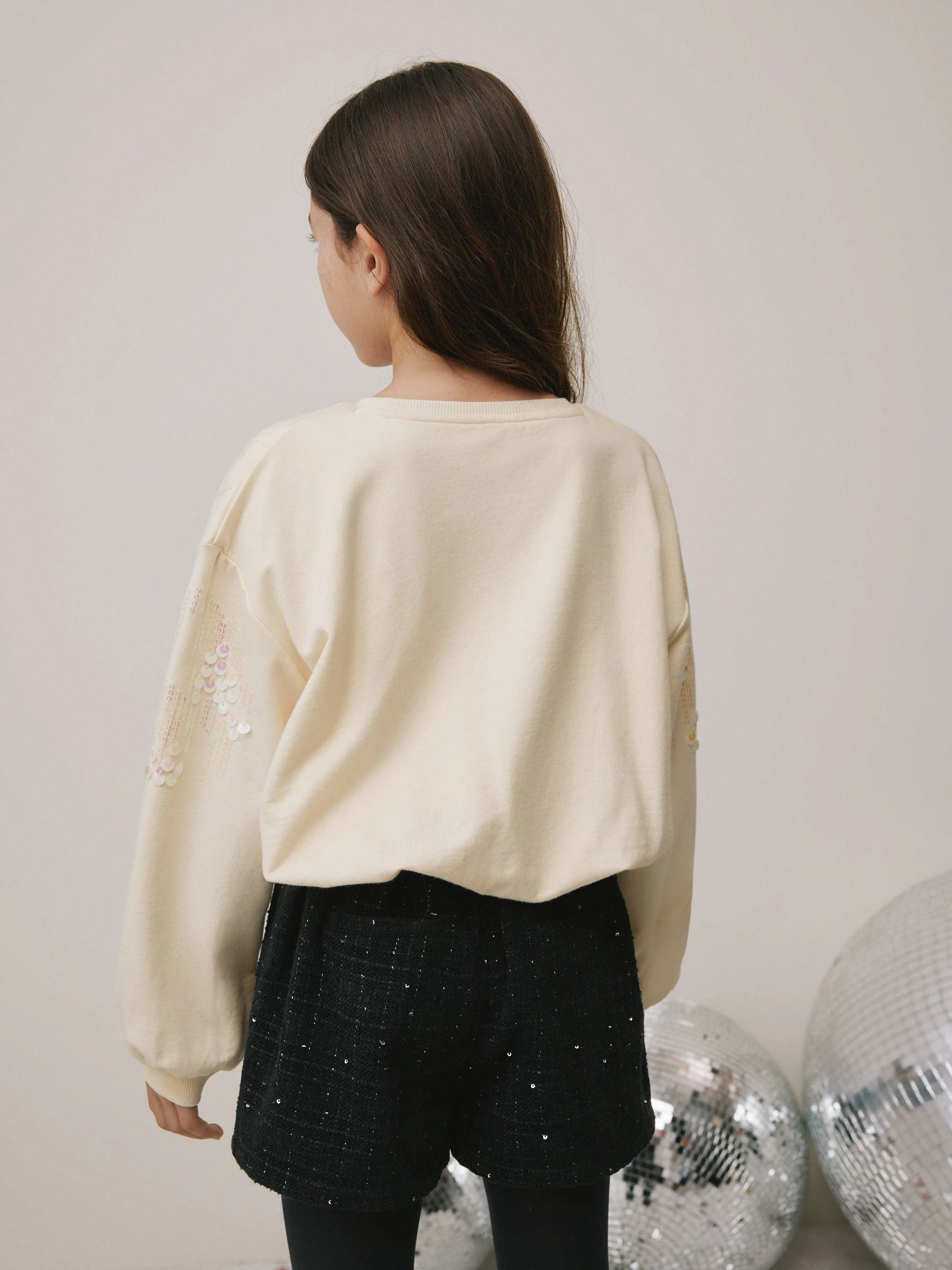 Crème - Sweatshirt met lange mouwen, pailletten en bolle zoom (3-16jr)