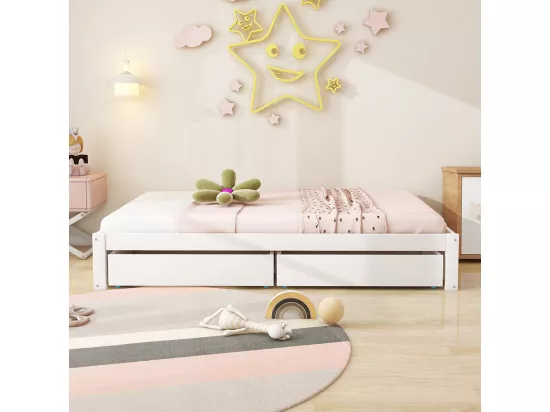 Lit enfant en bois massif 90x200 avec 2 tiroirs et sommier à lattes en bois moderne avec base blanche