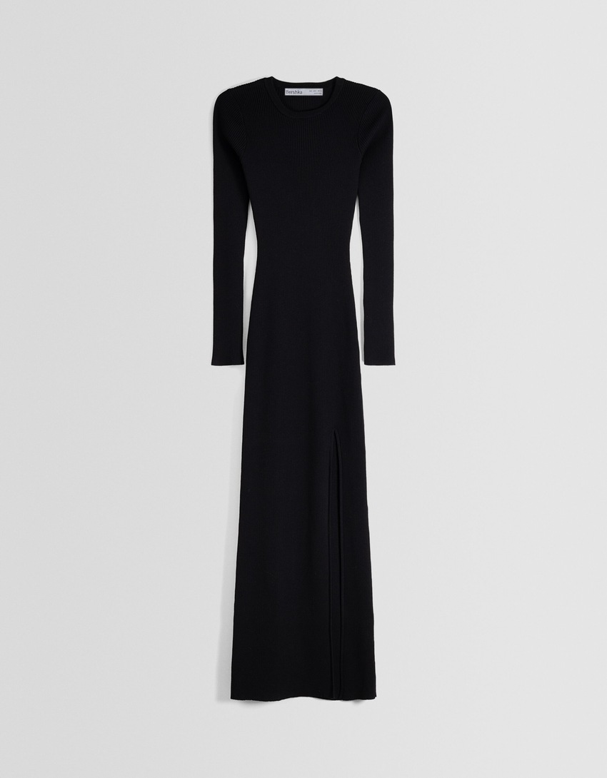 Vestido midi de manga comprida com fenda lateral