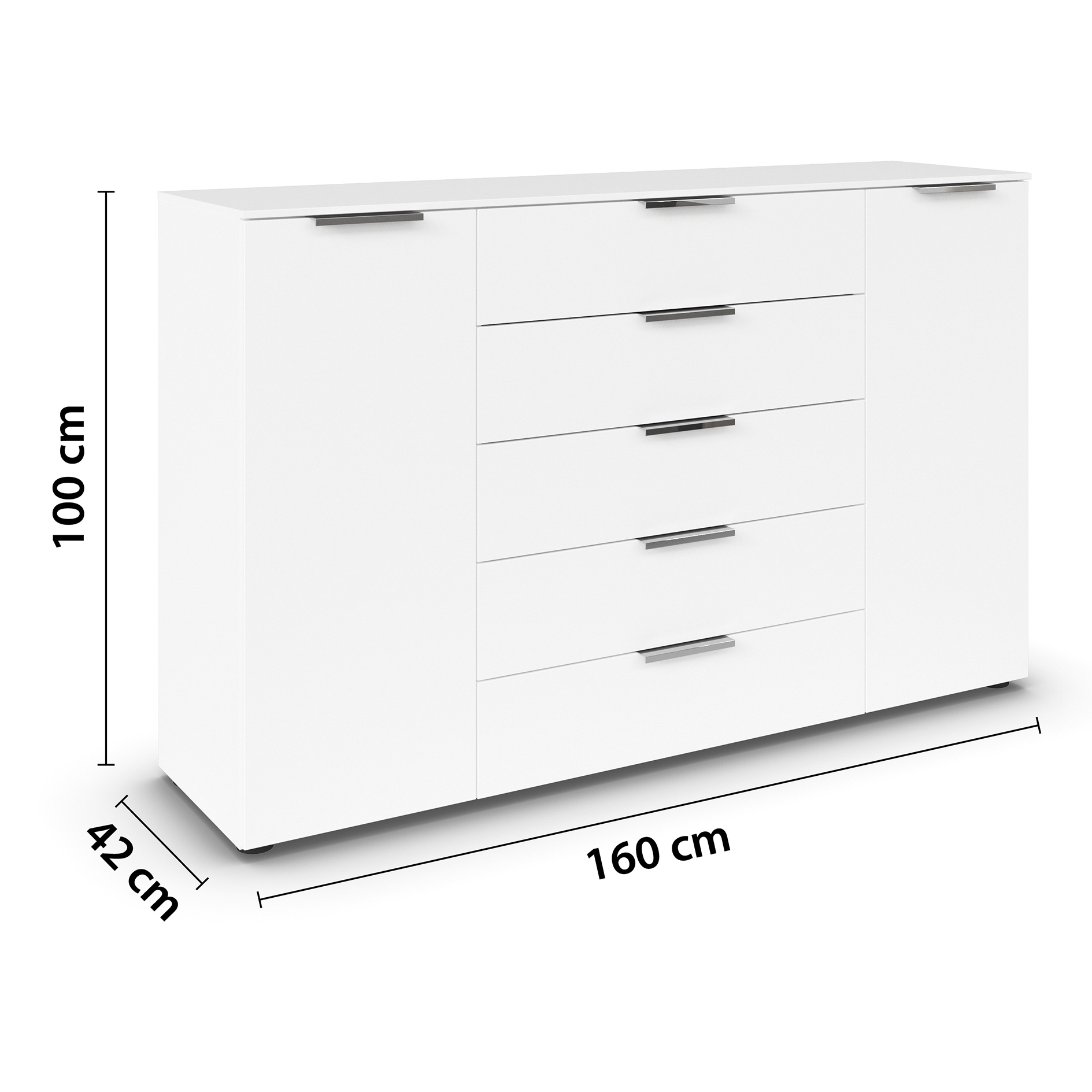 Kommode - alpinweiß - Chromgriffe - 160 cm