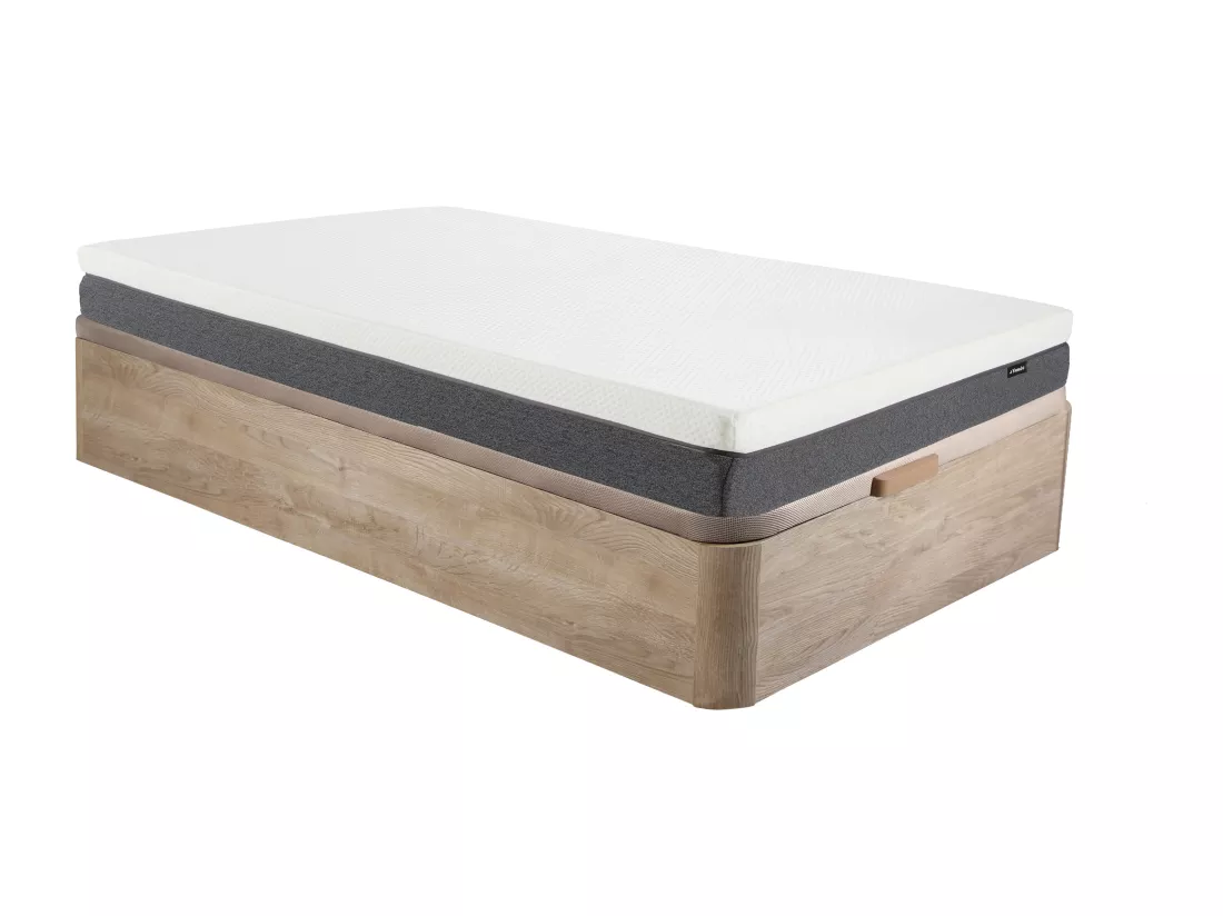 Ensemble 90 x 190 cm sommier coffre naturel clair + matelas mousse HD 7 zones et accueil mémoire de forme déhoussable ép.20cm - KELIH de YSMÉE