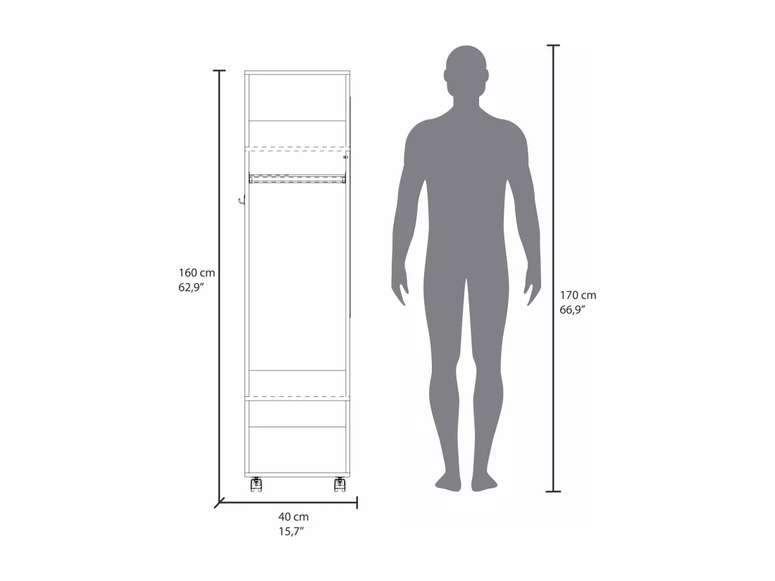 Armoire en mélamine Kronospan avec une porte, deux étagères, tringle à vêtements et miroir inclus, 160 cm X 40 cm X 40 cm X 48 cm, Noir